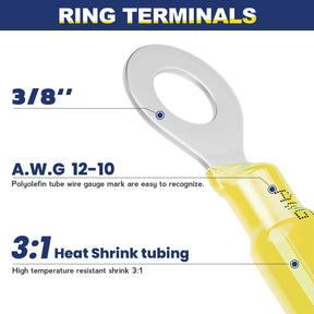 haisstronica 80PCS Heat Shrink Ring Terminals 3/8" Marine Grade Wire Connectors Yellow AWG 12-10 Gauge, Tinned Red Copper 1mm Resistant Ring Connectors, Brazed-Seam Insulated Electrical Crimp