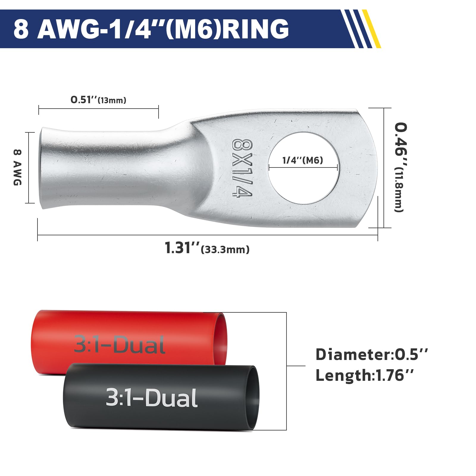 Haisstronica Lot de 10 cosses de câble de batterie 1/4" (M6) AWG, cosses en fil de cuivre robustes avec 10 gaines thermorétractables adhésives 3:1, cosses de fil de calibre 1/4, connecteur de borne de batterie, embouts de câble de batterie