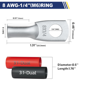 Haisstronica Lot de 10 cosses de câble de batterie 1/4" (M6) AWG, cosses en fil de cuivre robustes avec 10 gaines thermorétractables adhésives 3:1, cosses de fil de calibre 1/4, connecteur de borne de batterie, embouts de câble de batterie