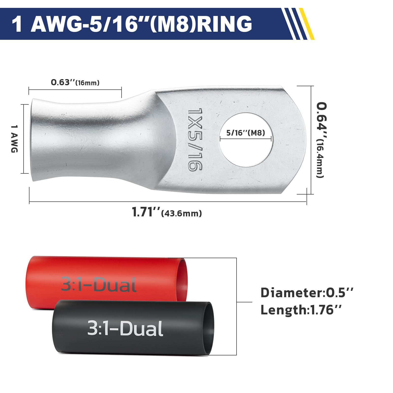 Haisstronica Lot de 10 cosses de batterie en cuivre étamé 1 AWG - 5/16" (M8), cosses robustes en fil de cuivre avec 10 gaines thermorétractables adhésives 3:1, cosses de fil de calibre 1, extrémités de câble de batterie en cuivre étamé