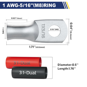 Haisstronica Lot de 10 cosses de batterie en cuivre étamé 1 AWG - 5/16" (M8), cosses robustes en fil de cuivre avec 10 gaines thermorétractables adhésives 3:1, cosses de fil de calibre 1, extrémités de câble de batterie en cuivre étamé