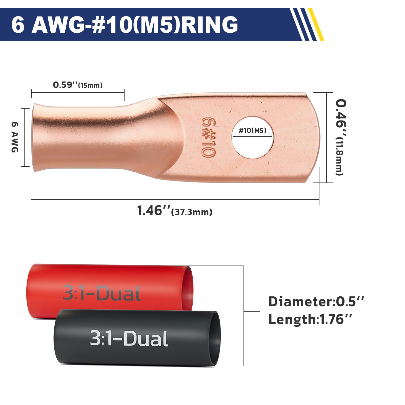 haisstronica 10pcs 6 AWG - #10 Battery Cable Lugs, Heavy Duty Copper Wire Lugs with 10pcs 3:1 Adhesive Heat Shrink Tubing, 6 Gauge Wire Connectors Battery Terminal Connector, Battery Cable Ends