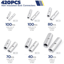 Haisstronica 420PCS non-insulated butt connectors set: BN0.5-8 terminals (AWG24-8), 600V/9-62A, durable copper splices.