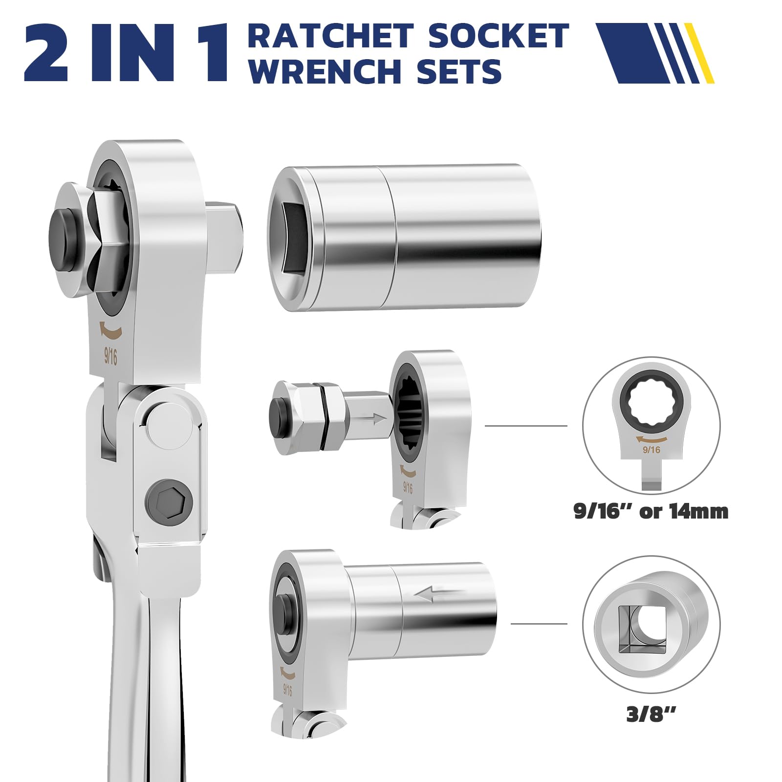 haisstronica 13pcs Flex-Head Ratcheting Combination Wrench Set with 3/8 in Adapter, SAE 1/4-3/4 inch Ratchet Wrench Tool for Auto, Tools for Men Gifts