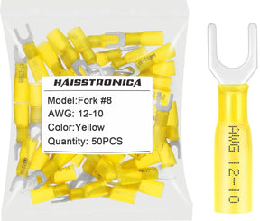 Yellow fork terminals from Haisstronica, 50PCS pack, AWG 12-10, insulated terminal fork for wiring connections.