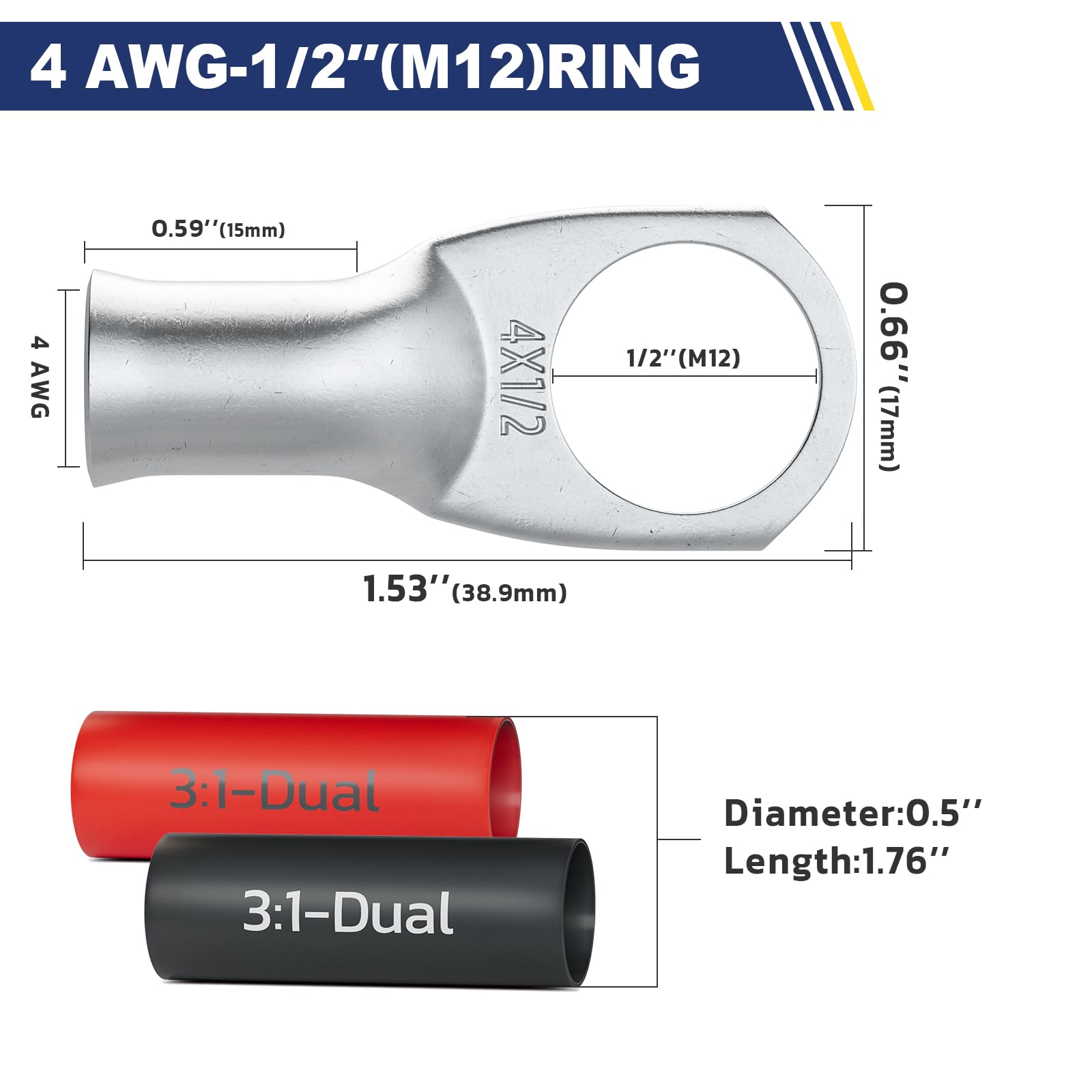 Haisstronica Lot de 10 cosses de batterie en cuivre étamé 4 AWG - 1/2" (M12), cosses robustes en fil de cuivre avec 10 gaines thermorétractables adhésives 3:1, cosses de calibre 4, extrémités de câble de batterie en cuivre étamé