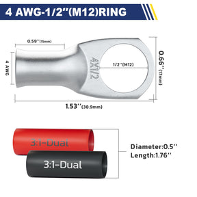 Haisstronica Lot de 10 cosses de batterie en cuivre étamé 4 AWG - 1/2" (M12), cosses robustes en fil de cuivre avec 10 gaines thermorétractables adhésives 3:1, cosses de calibre 4, extrémités de câble de batterie en cuivre étamé