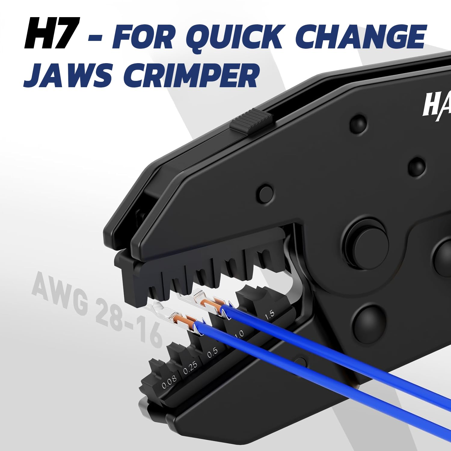 crimper wire H7 quick-change jaws crimper for small terminals, pressing copper contacts onto blue leads for AWG 28-16.