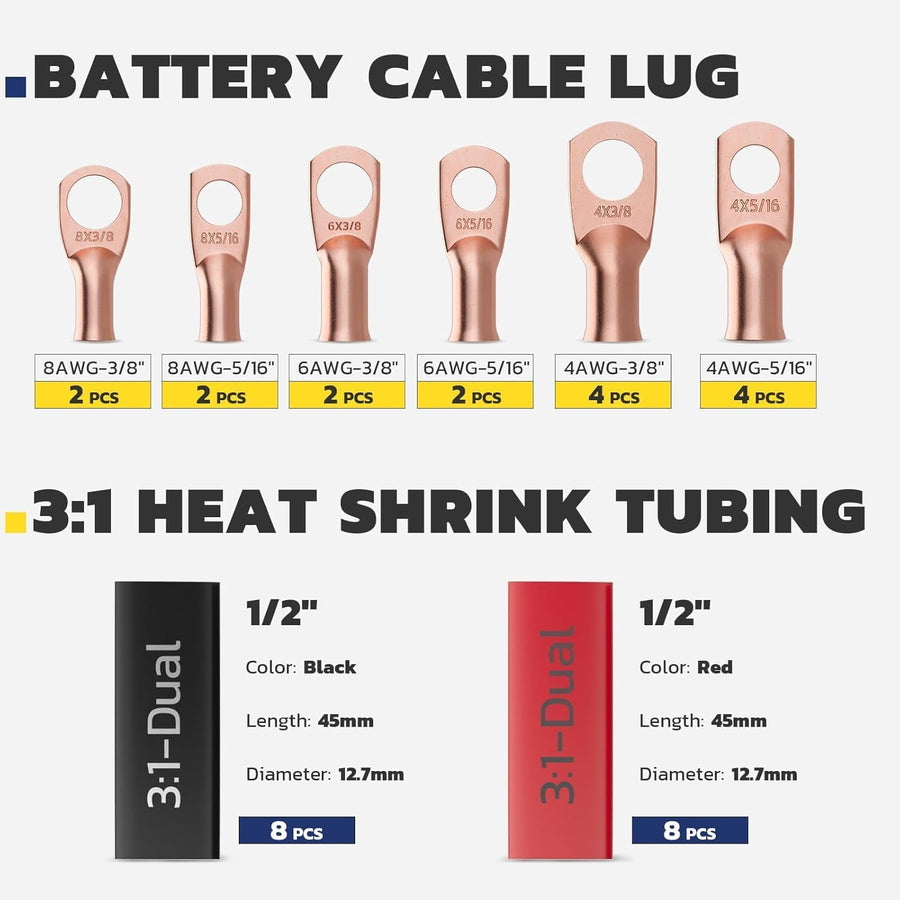 Battery cable lugs labeled 8, 6, and 4 AWG with different stud holes, alongside red and black heat shrink tubing