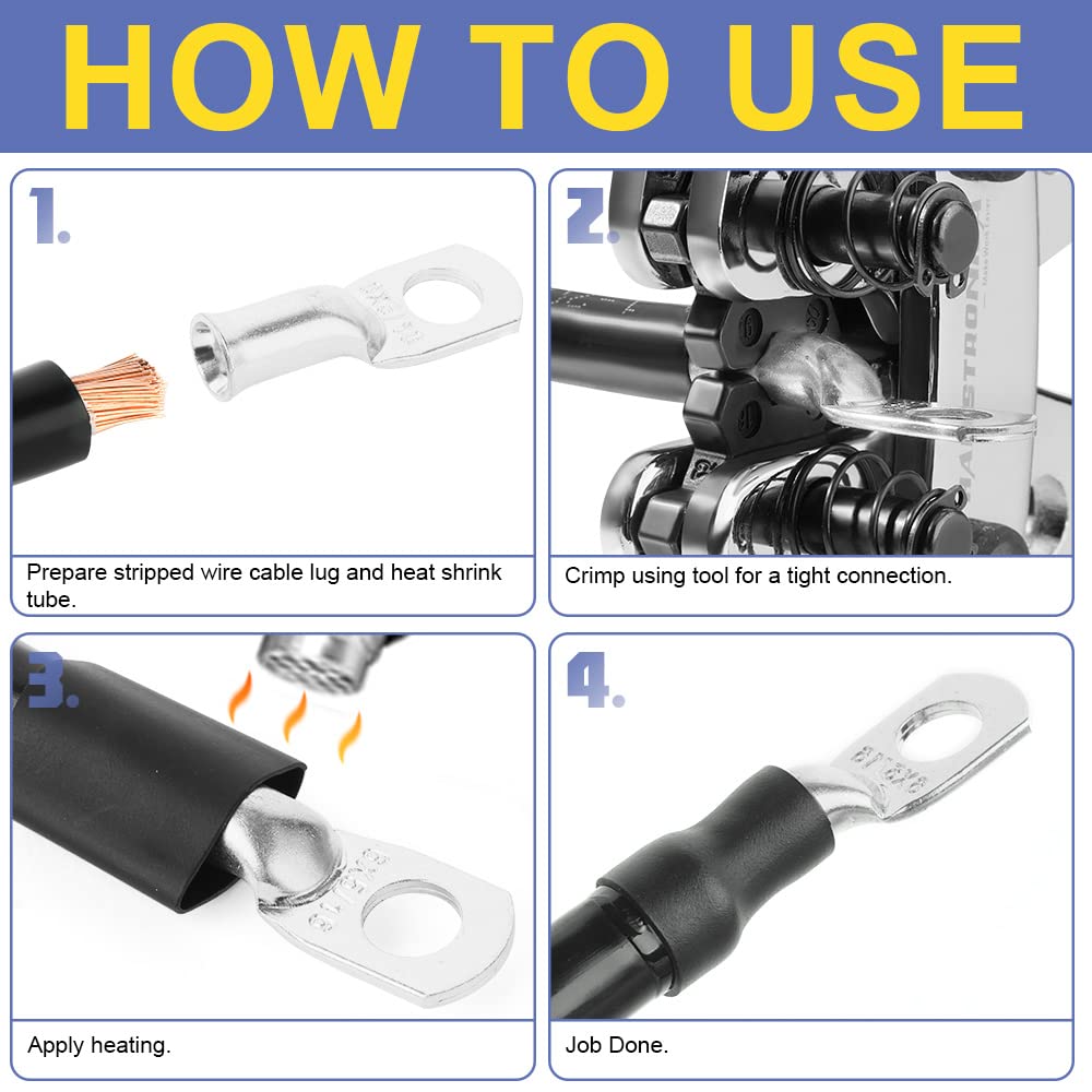 haisstronica 220PCS Tinned Copper Wire Lugs Kit,110PCS AWG 8 6 4 2 1 Heavy Duty Battery Cable Lug Ends Ring Terminal Connectors,Electrical Eyelets with 110PCS 3:1 Heat Shrink Tubing