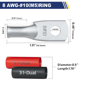 Haisstronica Lot de 10 cosses de câble de batterie 1/4" (M6) AWG, cosses en fil de cuivre robustes avec 10 gaines thermorétractables adhésives 3:1, cosses de fil de calibre 1/4, connecteur de borne de batterie, embouts de câble de batterie