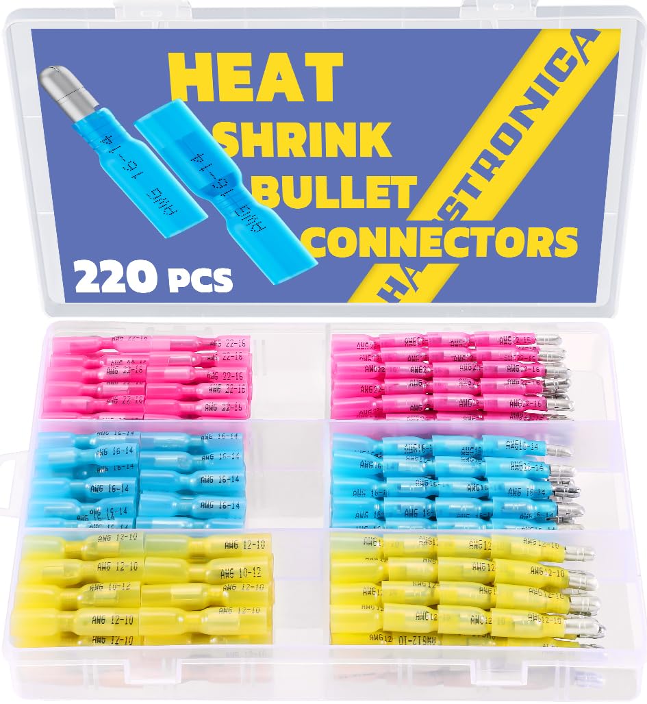 haisstronica 220PCS Heat Shrink Bullet Connectors AWG22-10 Male and Female Wire Bullet Terminals Blue Red Yellow Bullet Butt Terminals Kit