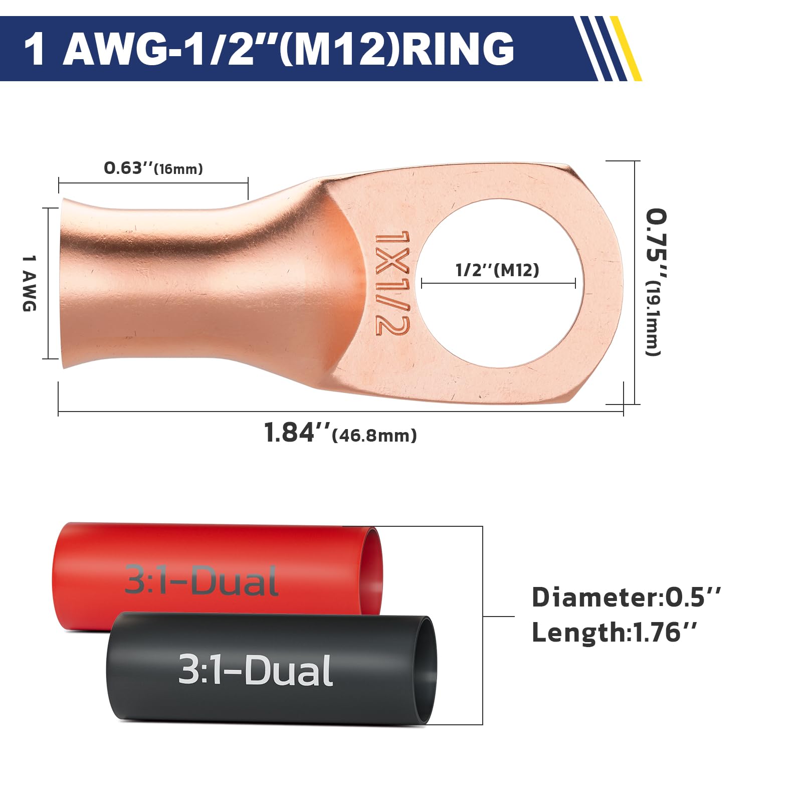 Haisstronica Lot de 10 cosses de batterie 1 AWG - 1/2" (M12), cosses en fil de cuivre robustes avec 10 gaines thermorétractables adhésives 3:1, connecteurs de fils de calibre 1, connecteurs de borne de batterie, embouts de câbles de batterie