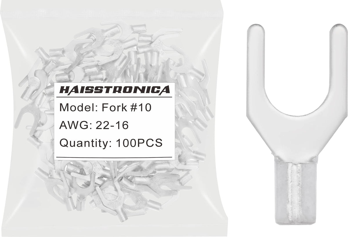 haisstronica 100pcs #10 Fork Terminals,AWG 22-16 Brazed Seam Non-Insulated Copper Wire Connectors