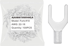 haisstronica 100pcs #10 Fork Terminals,AWG 22-16 Brazed Seam Non-Insulated Copper Wire Connectors