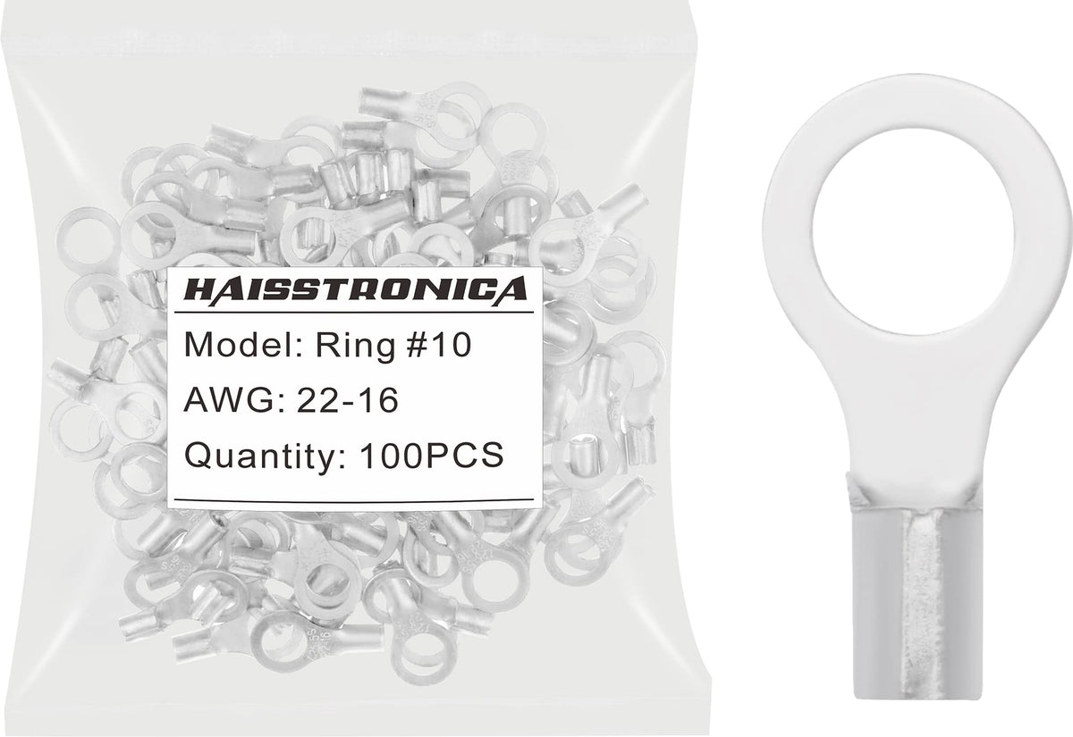 Haisstronica 100 cosses à anneau n° 10, AWG 22-16, connecteurs de fils en cuivre non isolés à soudure brasée