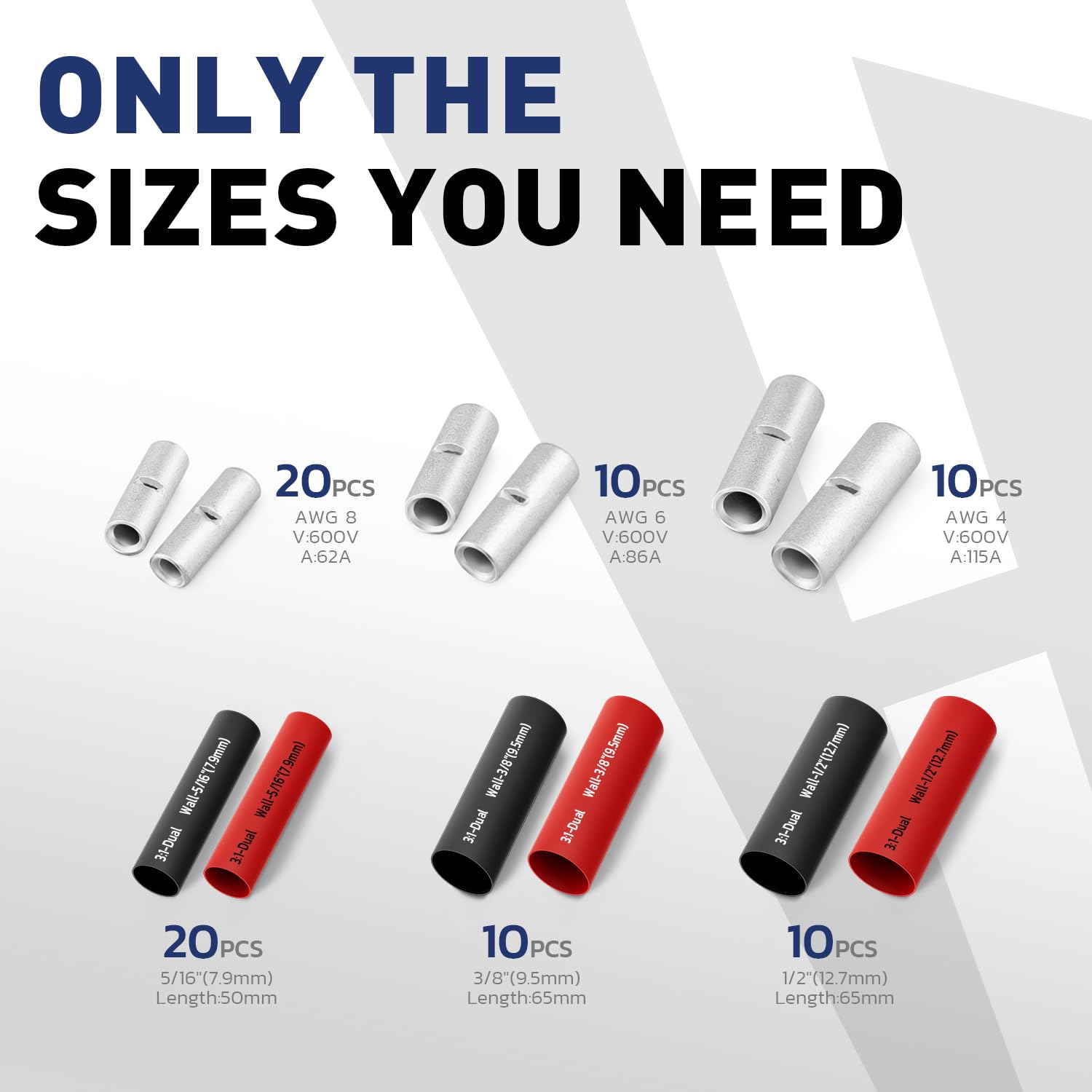Layout listing fork lugs and tubing counts by gauge for a non insulated terminal kit used in shop repairs and service.