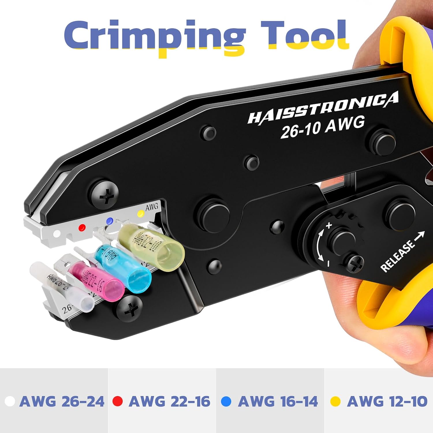 Haisstronica Crimping Tool close-up with Textured handle, metallic head. 'WIRE END CRIMP' label.