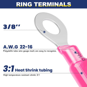 haisstronica 150PCS Heat Shrink Ring Terminals 3/8" Marine Grade Wire Connectors Red AWG 22-16 Gauge, Tinned Red Copper 0.7mm Resistant Ring Connectors, Brazed-Seam Insulated Electrical Crimp