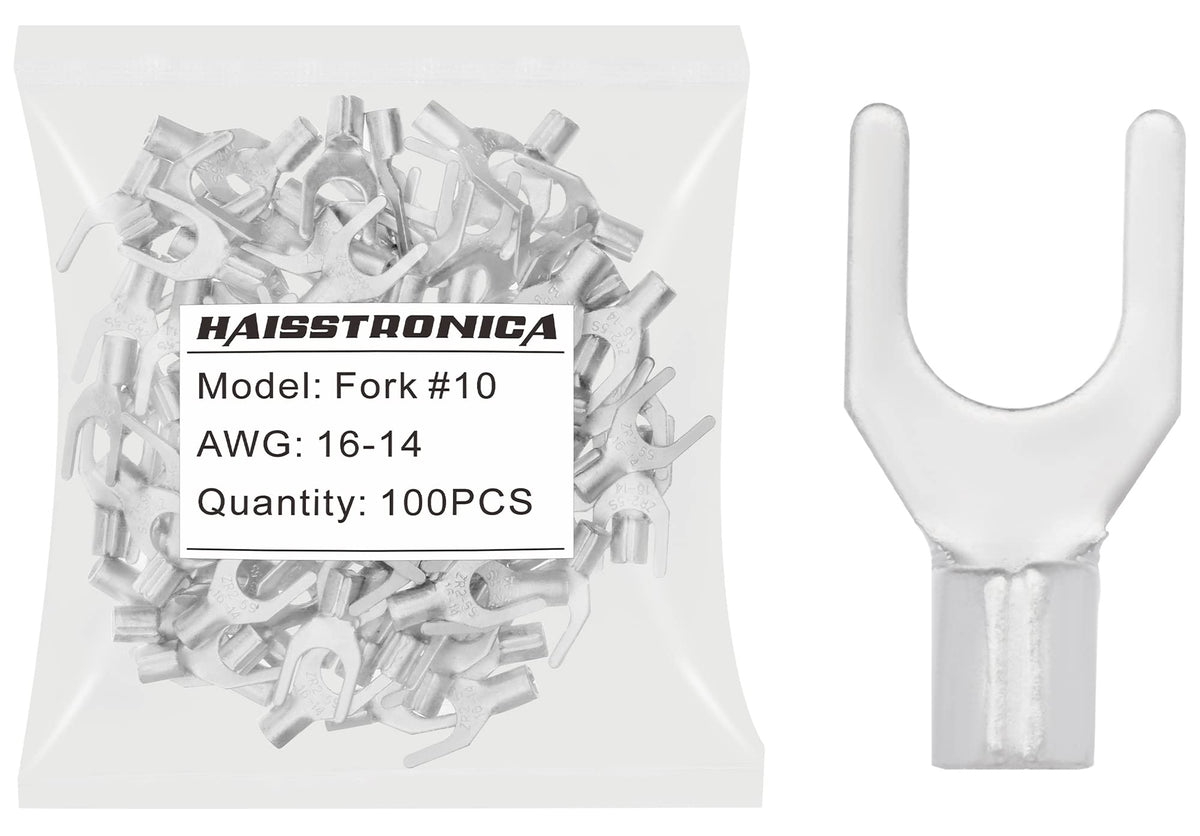 Haisstronica 100 cosses à fourche n° 10, AWG 16-14, connecteurs de fils en cuivre non isolés à soudure brasée