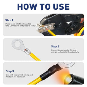 Three-step diagram of ratchet crimper for uninsulated terminals, showing crimp, finished joint, then tubing heated.