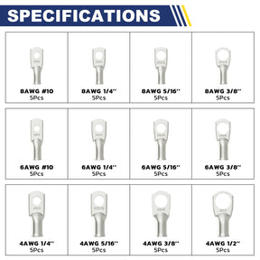 haisstronica 60PCS Tinned Battery Terminals Cable Lugs Kit,AWG 8 6 4 Heavy Duty Copper Wire Lugs,Eyelets Tubular Ring Terminals Battery Lugs(4Sizes/12Types)