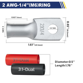 Haisstronica Lot de 10 cosses de batterie en cuivre étamé 2 AWG - 1/4" (M6), robustes, avec 10 gaines thermorétractables adhésives 3:1, calibre 2, extrémités de câble de batterie en cuivre étamé