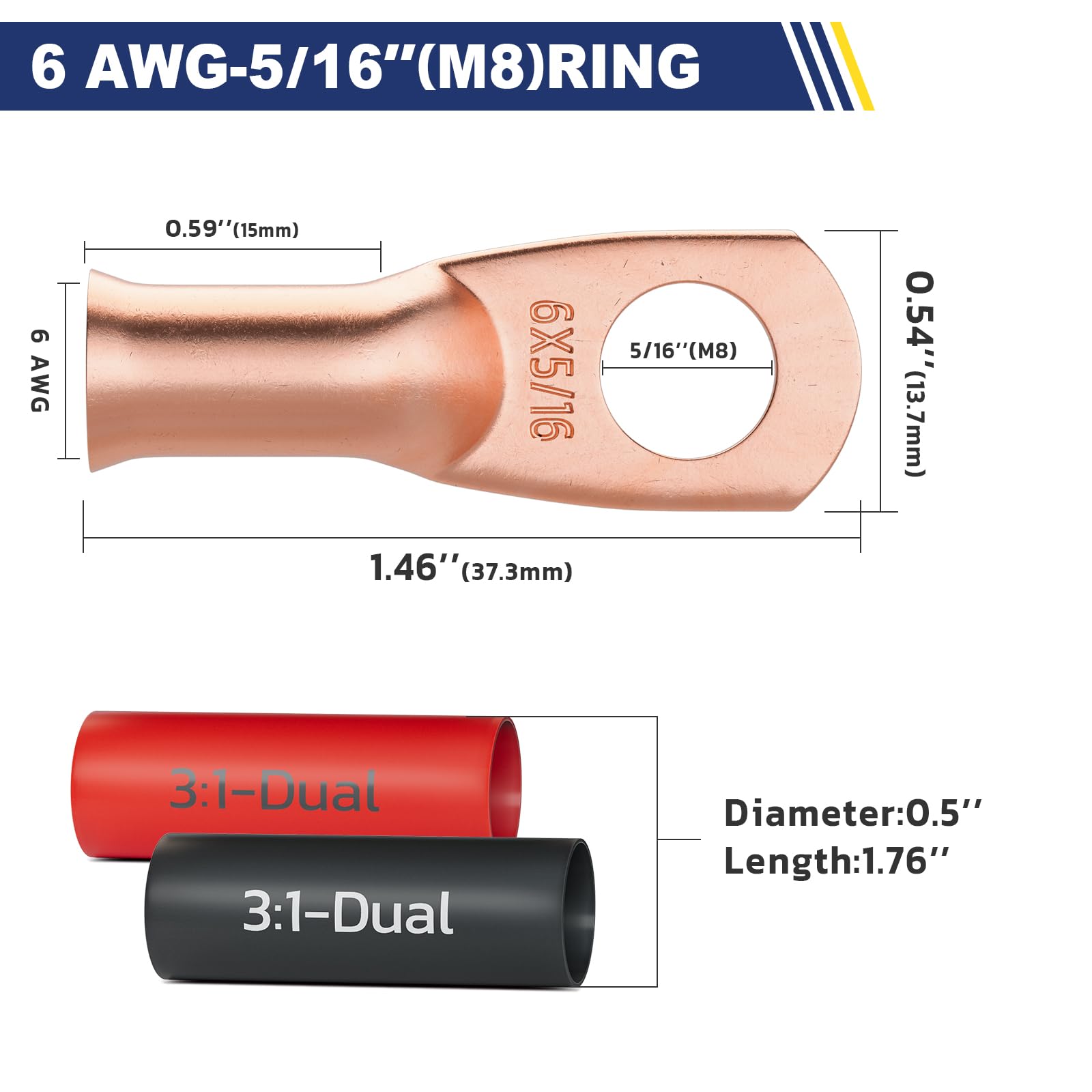 haisstronica 10pcs 6 AWG - 5/16" (M8) Battery Cable Lugs, Heavy Duty Copper Wire Lugs with 10pcs 3:1 Adhesive Heat Shrink Tubing, 6 Gauge Wire Connectors Battery Terminal Connector, Battery Cable Ends