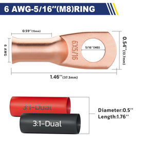 Haisstronica Lot de 10 cosses de câble de batterie 1/4" (M6) AWG, cosses en fil de cuivre robustes avec 10 gaines thermorétractables adhésives 3:1, cosses de fil de calibre 1/4, connecteur de borne de batterie, embouts de câble de batterie