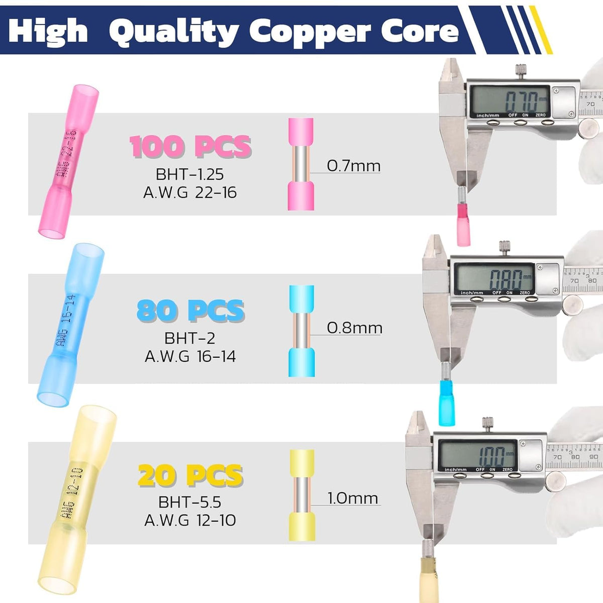 HAISSTRONICA wire connectors butt, pink/blue/yellow, AWG 22-16 to 12-10, 0.7-1.0mm core.