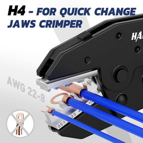 crimp wire H4 quick-change jaws crimper shown with copper lugs and blue cables, marked AWG 22-8 and not for open lugs.
