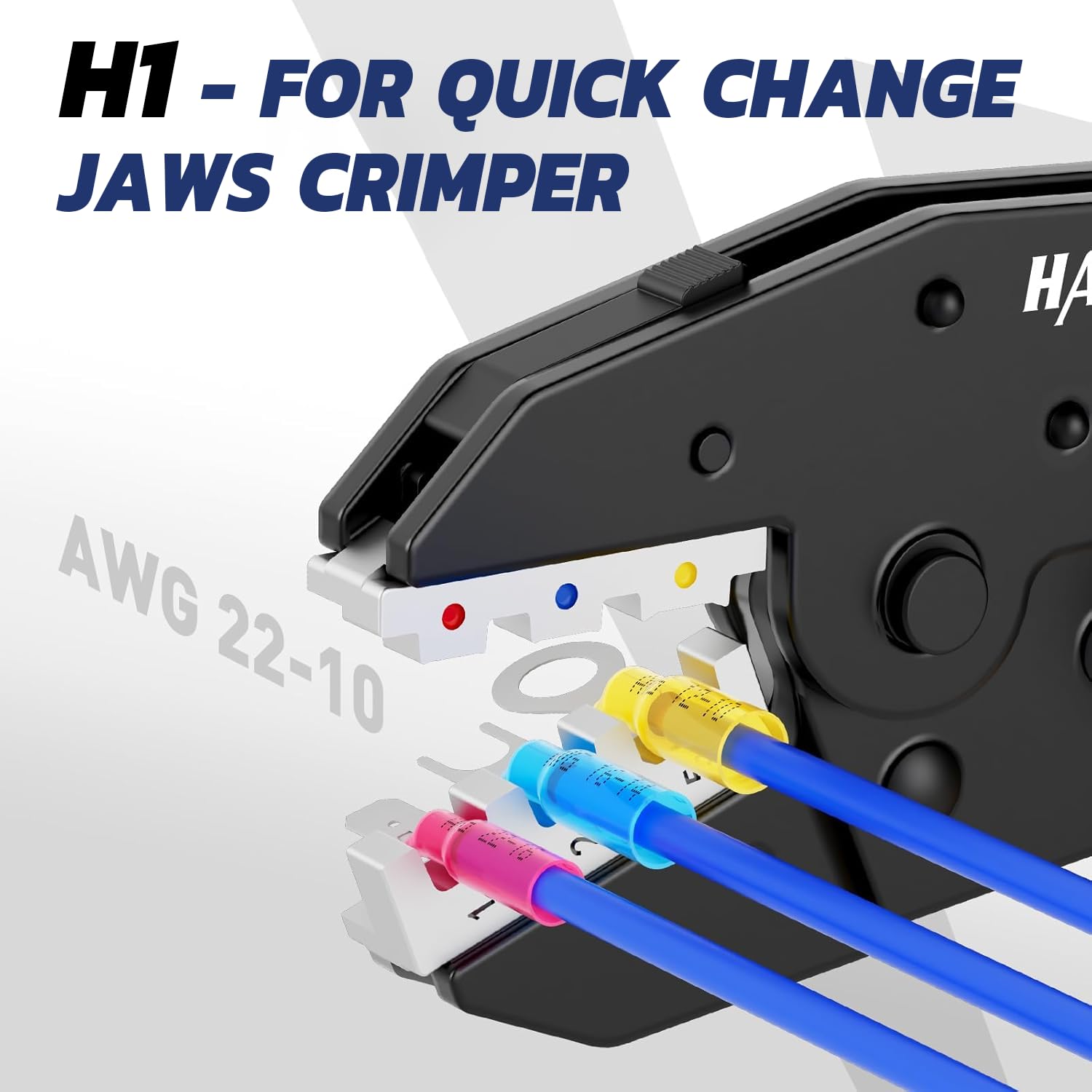 crimp wiring H1 quick-change jaws crimper compresses red, blue and yellow insulated connectors on AWG 22-10 wires.