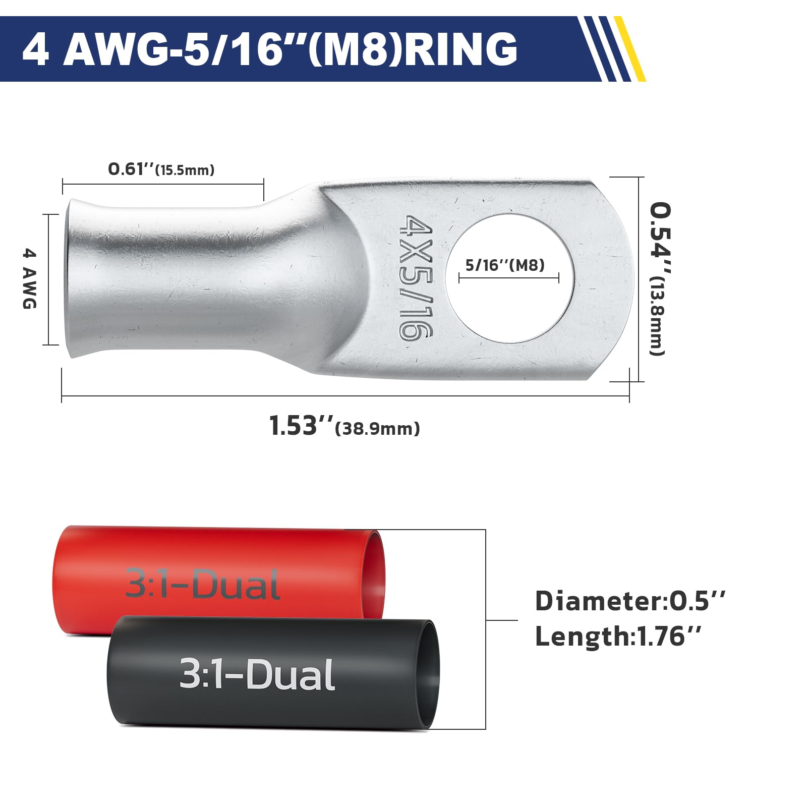 Haisstronica Lot de 10 cosses de câble de batterie 1/4" (M6) AWG, cosses en fil de cuivre robustes avec 10 gaines thermorétractables adhésives 3:1, cosses de fil de calibre 1/4, connecteur de borne de batterie, embouts de câble de batterie