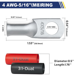 haisstronica 10pcs 4 AWG - 5/16" (M8) Tinned Copper Battery Lugs, Heavy Duty Copper Wire Lugs with 10pcs 3:1 Adhesive Heat Shrink Tubing, 4 Gauge Wire Lugs, Tinned Copper Battery Cable Ends