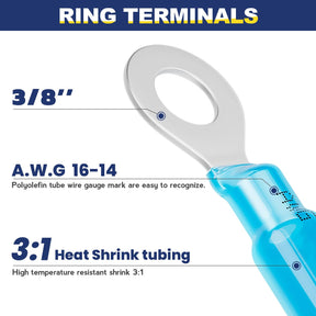 haisstronica 150PCS Heat Shrink Ring Terminals 3/8" Marine Grade Wire Connectors Blue AWG 16-14 Gauge, Tinned Red Copper 0.7mm Resistant Ring Connectors, Brazed-Seam Insulated Electrical Crimp