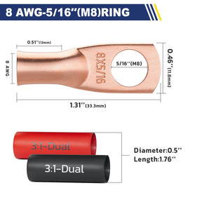 haisstronica 10pcs 8 AWG - 5/16" (M8) Battery Cable Lugs, Heavy Duty Copper Wire Lugs with 10pcs 3:1 Adhesive Heat Shrink Tubing, 8 Gauge Wire Connectors Battery Terminal Connector, Battery Cable Ends