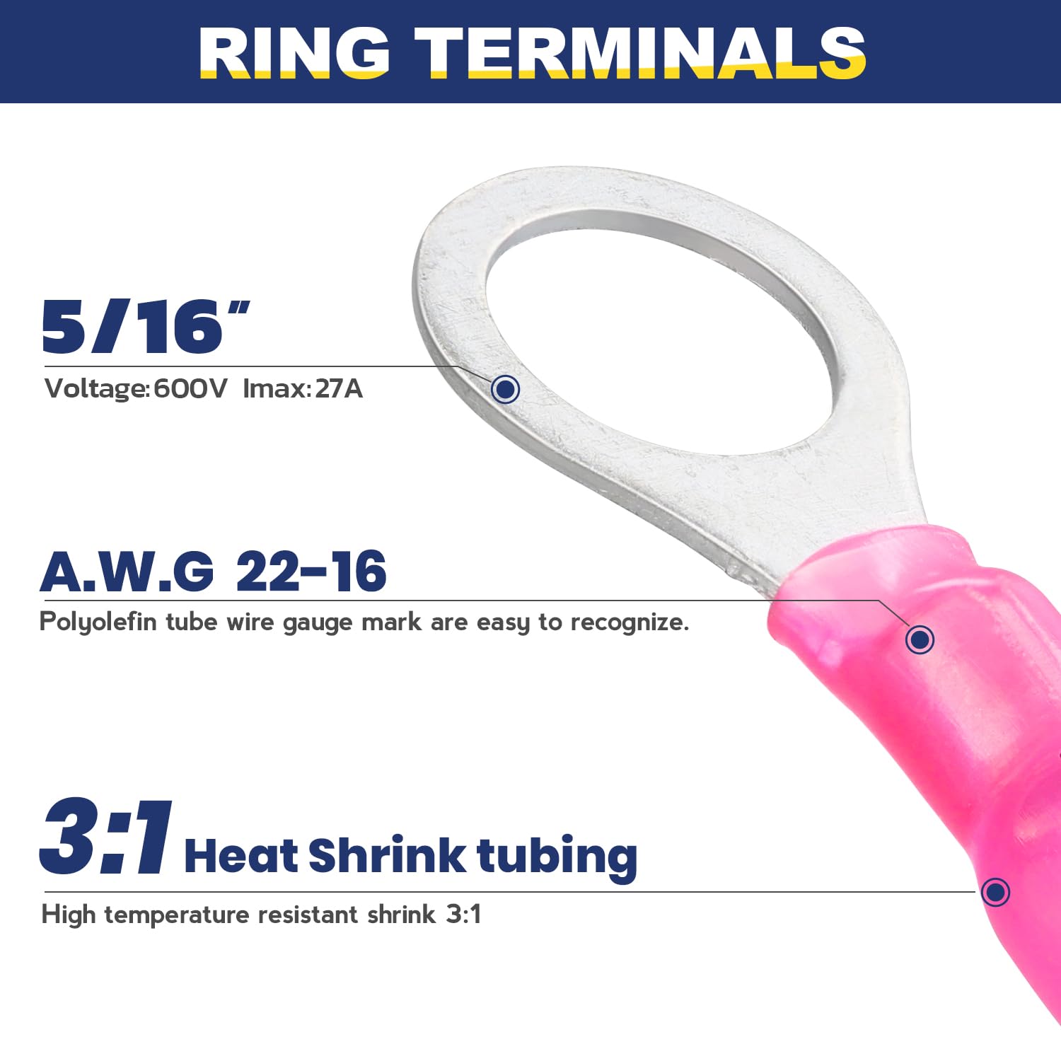 haisstronica 200pcs 5/16" Red Marine Grade Heat Shrink Ring Connectors,22-16 Gauge Tinned Red Copper 0.7mm Ring Terminals Connectors,Brazed-Seam Insulated Electrical Crimp Wire Terminals