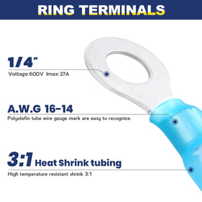 haisstronica 200pcs 1/4" Blue Marine Grade Heat Shrink Ring Connectors,16-14 Gauge Tinned Red Copper 0.7mm Ring Terminals Connectors,Brazed-Seam Insulated Electrical Crimp Wire Terminals