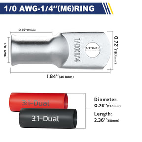 Haisstronica Lot de 10 cosses de câble de batterie 1/4" (M6) AWG, cosses en fil de cuivre robustes avec 10 gaines thermorétractables adhésives 3:1, cosses de fil de calibre 1/4, connecteur de borne de batterie, embouts de câble de batterie