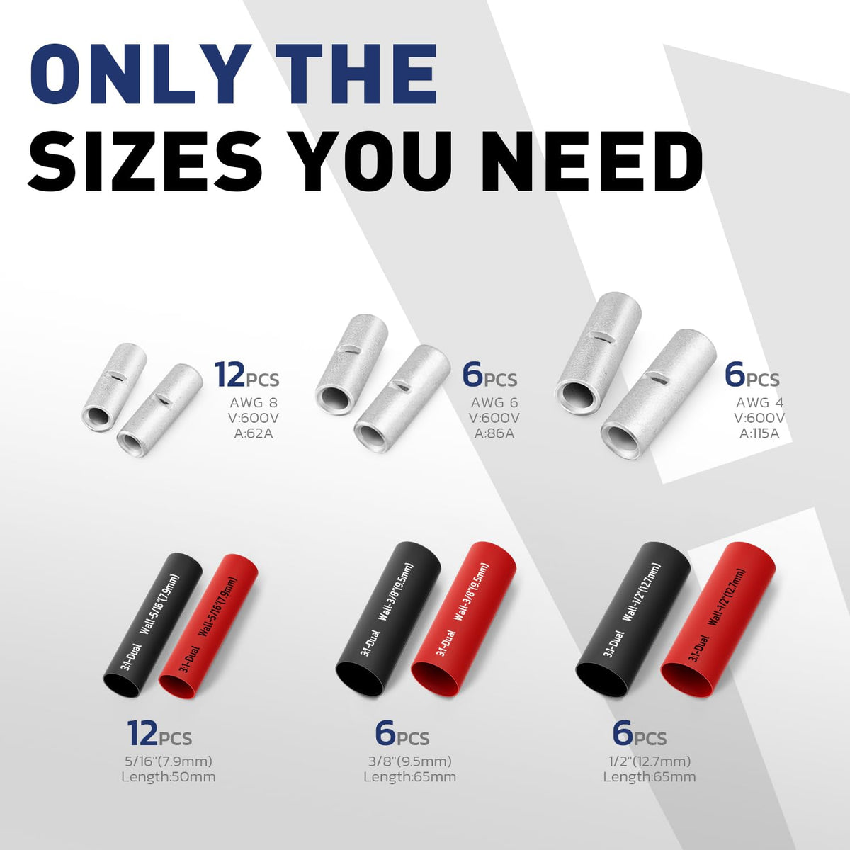Uninsulated butt connector size chart with red and black heat shrink tubes for common automotive wiring repairs