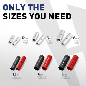 Uninsulated butt connector size chart with red and black heat shrink tubes for common automotive wiring repairs