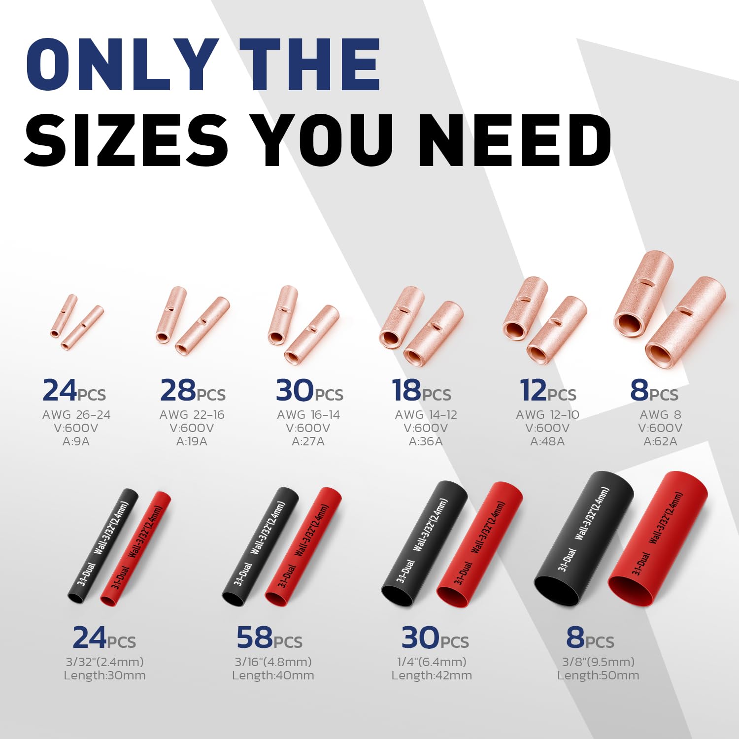 Kit layout showing insulated and non insulated copper butt splices with red and black heat shrink for cable repairs