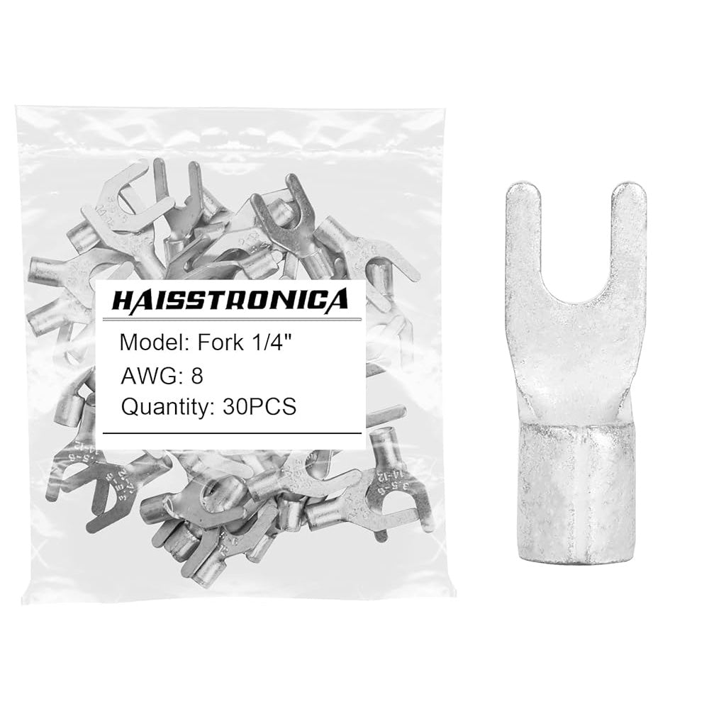 non insulated fork terminals in bag, Haisstronica Fork 1/4" AWG 8, 30pcs U-type copper lugs for DIY wiring jobs.