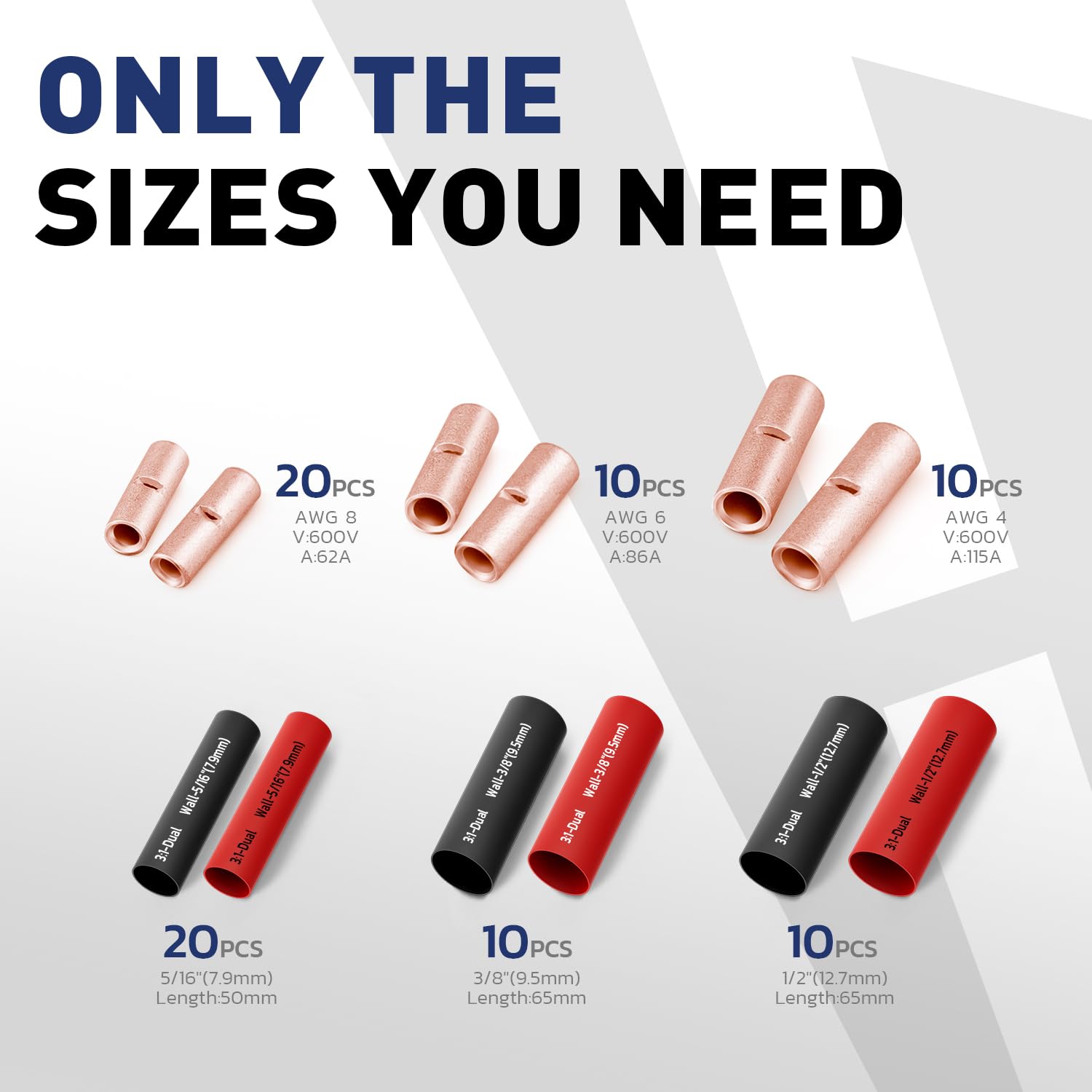 Non insulated electrical connectors assortment shows copper sleeves and heat shrink tubes with counts for AWG 8/6/4.