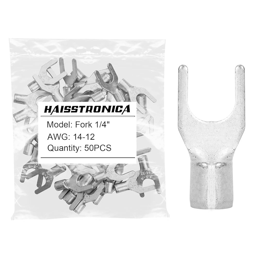 non insulated copper wire fork lugs, Haisstronica Fork 1/4" AWG 14-12, 50pcs for electrical panels and grounding.