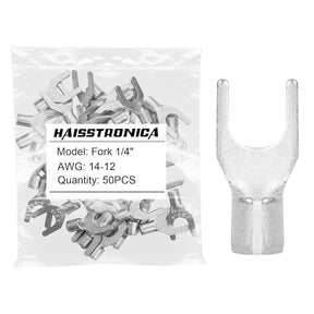 non insulated copper wire fork lugs, Haisstronica Fork 1/4" AWG 14-12, 50pcs for electrical panels and grounding.