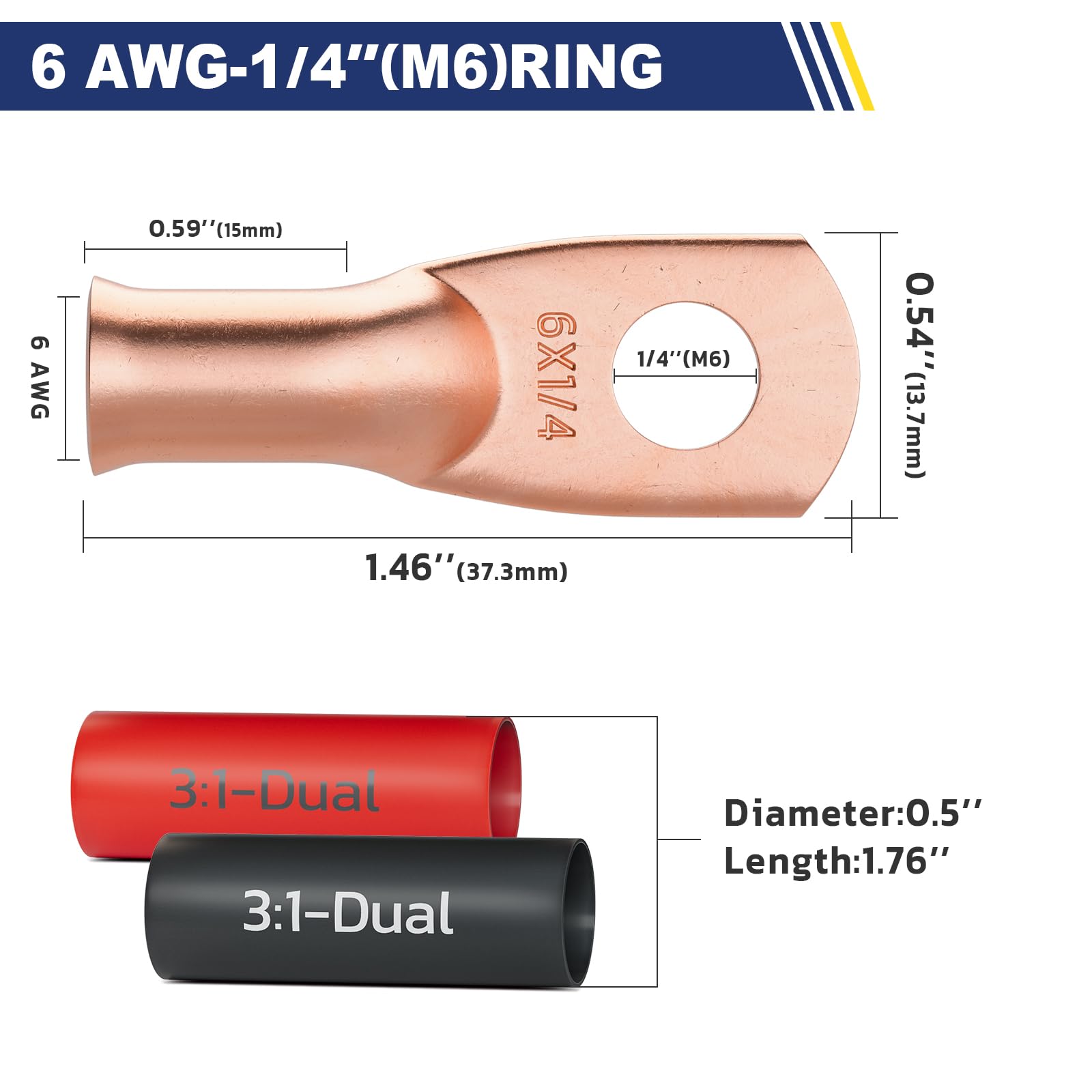 haisstronica 10pcs 6 AWG - 1/4" (M6) Battery Cable Lugs, Heavy Duty Copper Wire Lugs with 10pcs 3:1 Adhesive Heat Shrink Tubing, 6 Gauge Wire Connectors Battery Terminal Connector, Battery Cable Ends