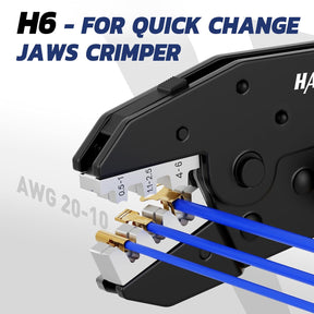 wiring crimpers H6 quick-change jaws crimper grips brass terminals on blue wires, labeled 0.5-6 for AWG 20-10.