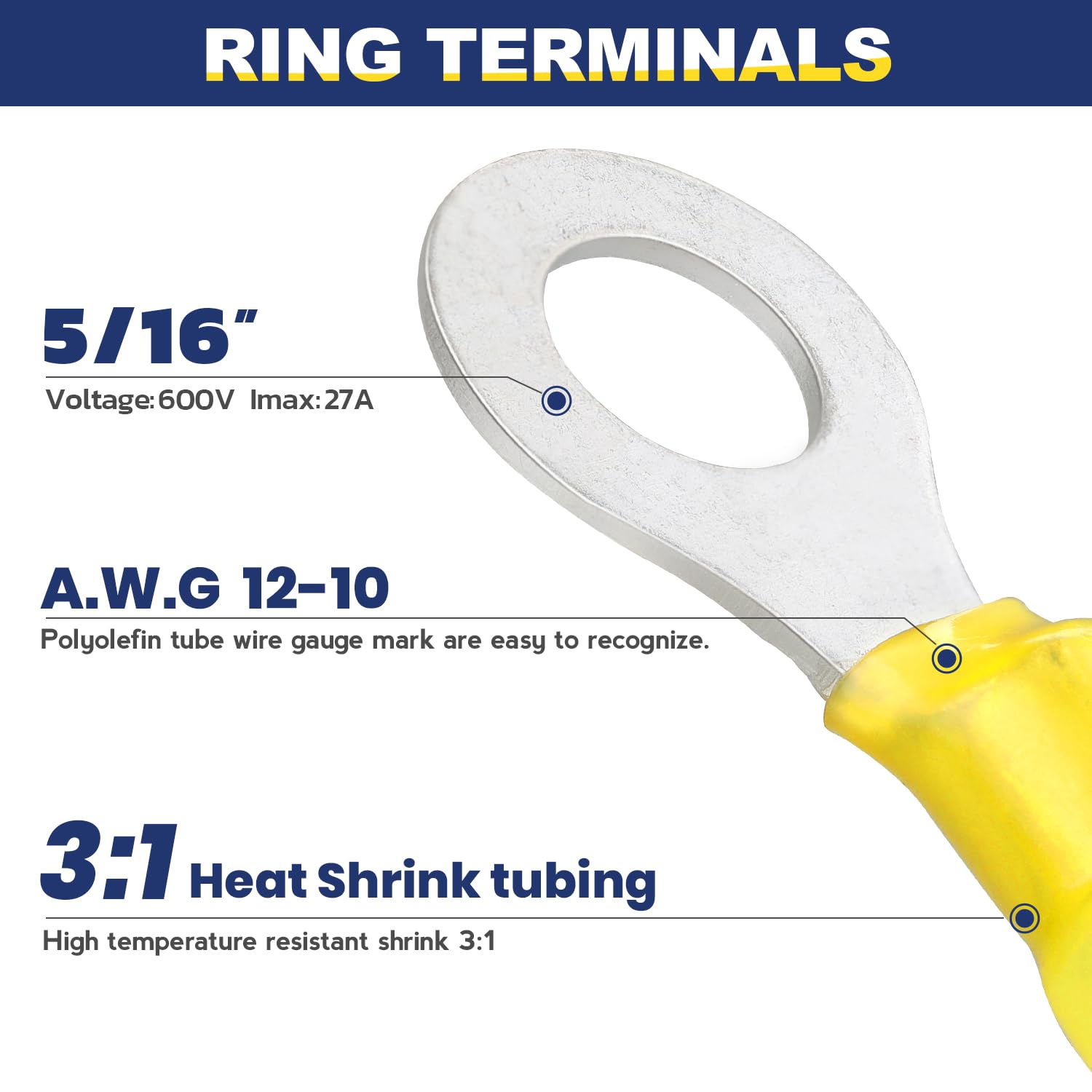 haisstronica 100pcs 5/16" Yellow Marine Grade Heat Shrink Ring Connectors,12-10 Gauge Tinned Red Copper 1mm Ring Terminals Connectors,Brazed-Seam Insulated Electrical Crimp Wire Terminals