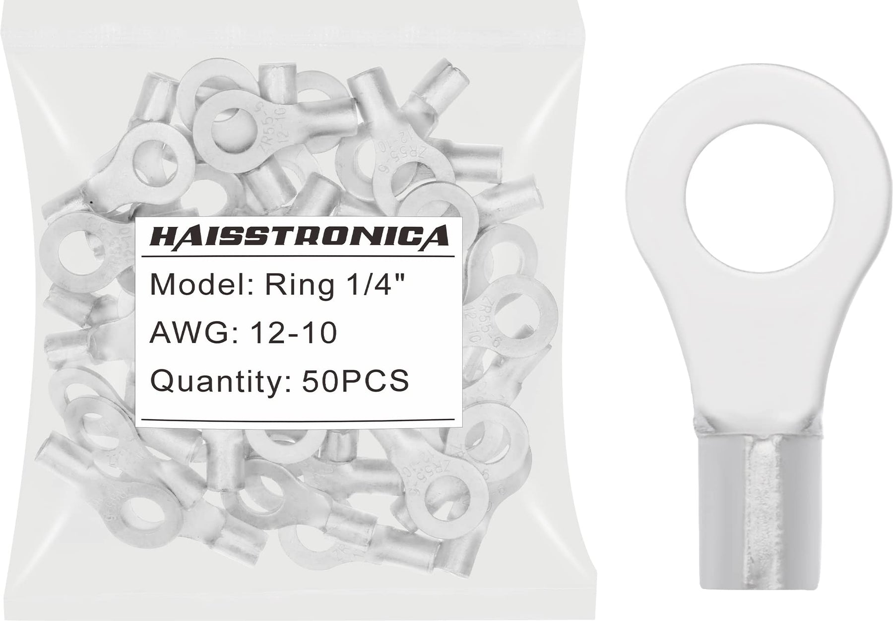 haisstronica 50pcs 1/4" Ring Terminals,AWG 12-10 Brazed Seam Non-Insulated Copper Wire Connectors